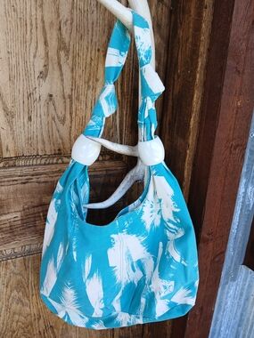 ROXY Tote Bag Slouchy Turquoise and White Patterned Hobo Boho
